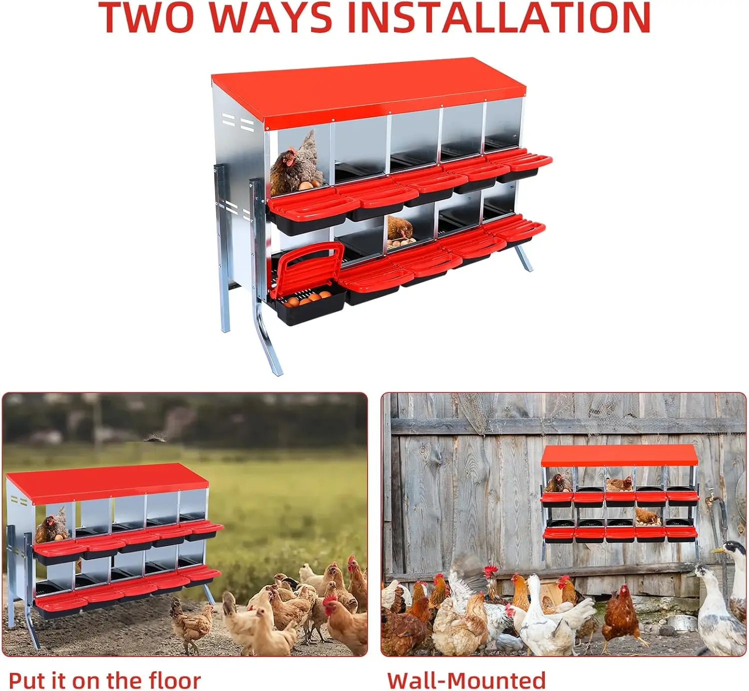 Metal Chicken Nesting Box, Two-Tier Roll Away Nesting Box with Egg Collection10 Compartments Chicken Laying Box with legs