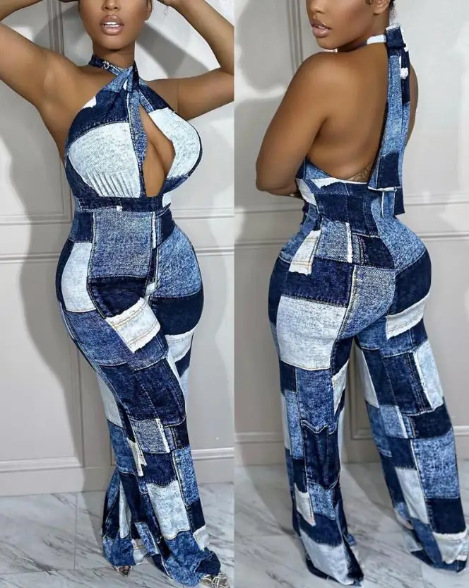 Sexy Women's Jumpsuit 2023 Spring/Summer Fashion Denim Design All Over Print Hollow Backless Sleeveless Backless Cutout Jumpsuit