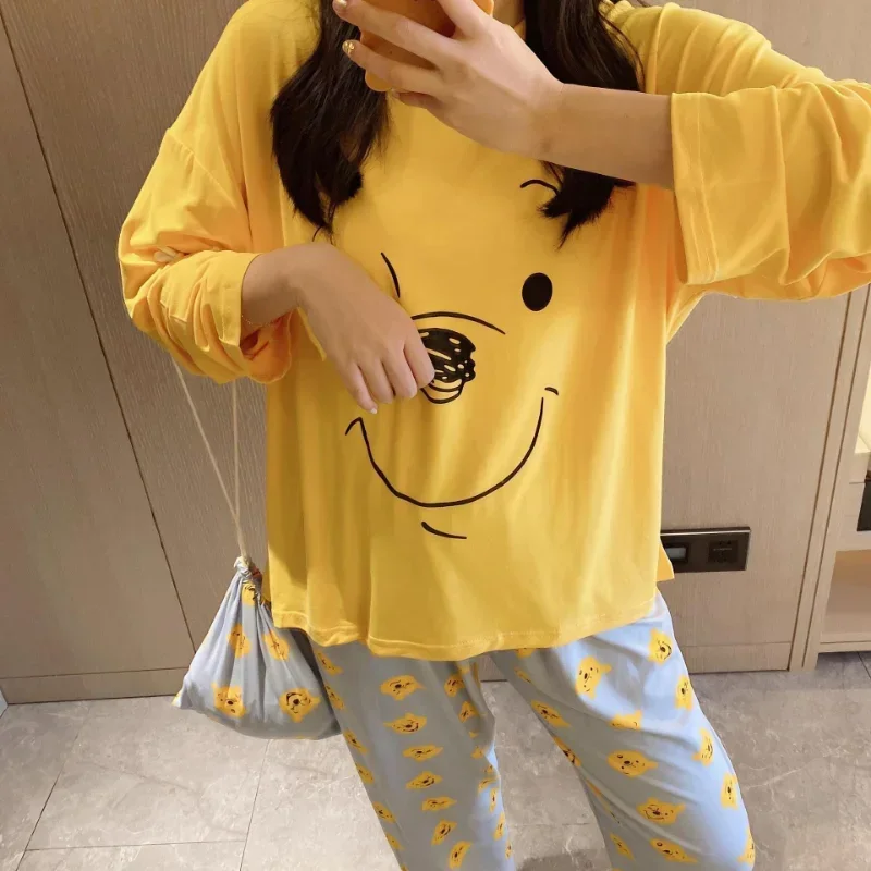 Disney outono novo winnie the pooh pijamas femininos algodão calças de manga comprida conjunto de duas peças pijamas de seda conjunto de loungewear