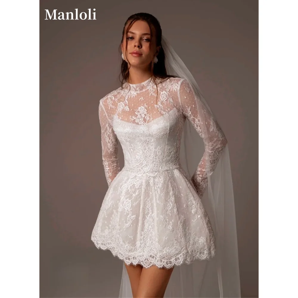 فستان زفاف قصير برقبة دائرية من الدانتيل مخصص، فستان بأكمام طويلة قابل للفصل، مشد ضيق أنيق، فستان سهرة رسمي للزفاف