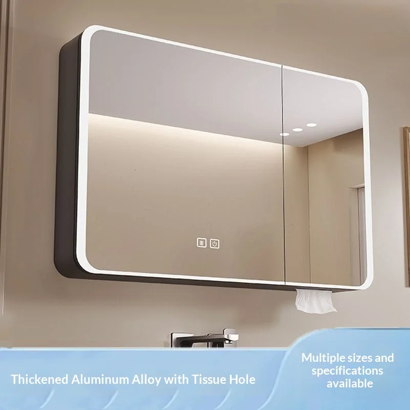 LED Smart Bathroom Mirror Cabinet Wall Mounted Anti Fog Makeup Storage Aerospace Aluminum Rounded Thick Round Bathroom Mirror view 3