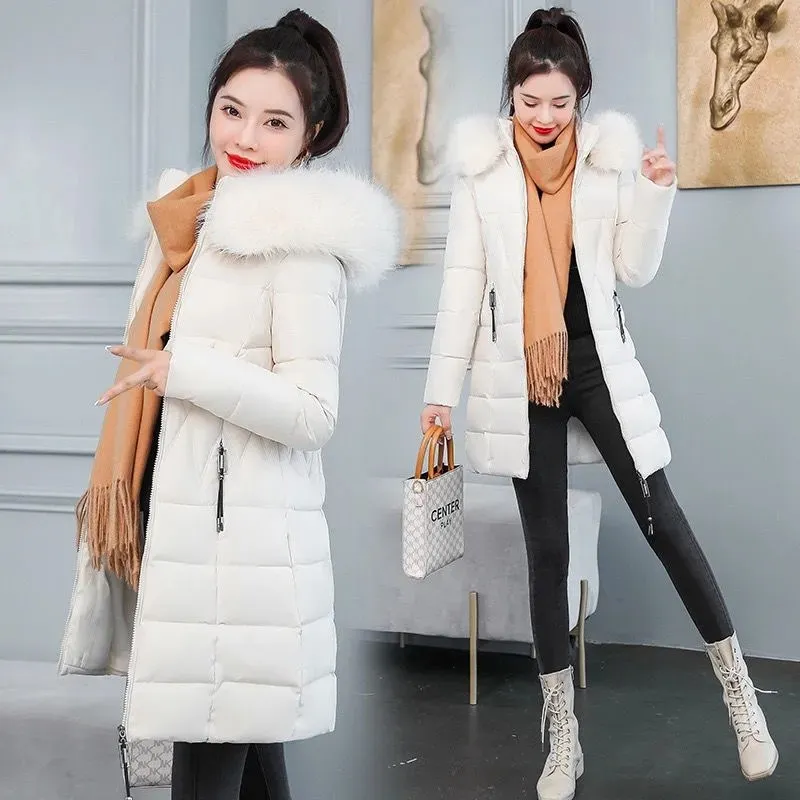 New Slim Long Winter Jackets Fashion Women Cotton Padded Parkas Stand Hooded Detachable Fur Collar Solid Female Casual Coat 2024