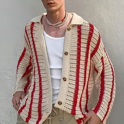 2022 outono tendência masculina camisas de malha moda listrado jacquard cardigan topos para homens primavera vintage botão para baixo lapela camisa de malha