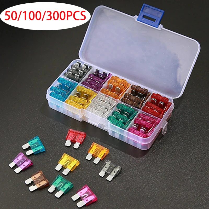 50/100/300PCS Car Fuse Assortment Set Profile Middle Size Blade Type Fuse Auto Car Truck 2-40A Fuse Accessories with Box Clip