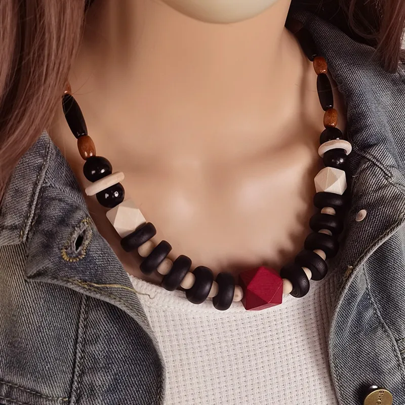 

Unique Bohemian Folk Style Handmade Necklace with Vintage Beads and Wooden Charm Pendant for Women Casual Wear Jewelry