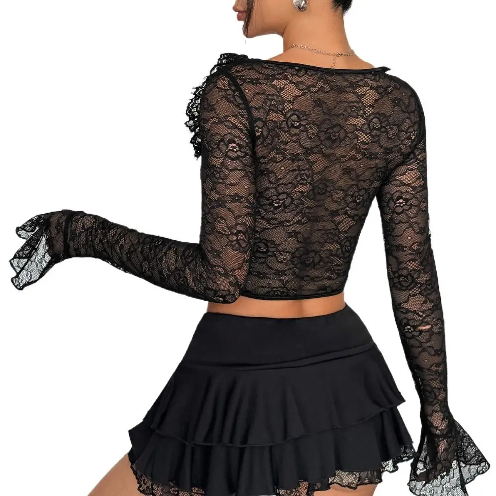 Elegant Ruffled Lace Corset T Shirts V-neck Slim Fit Long Sleeve Mesh Shirts Sweet Streetwear Lace Crop Tops Women Travel