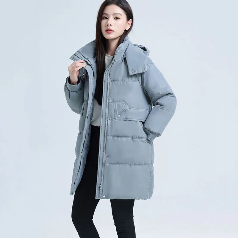 

New Down Cotton Jacket 2024 Women's Long Detachable Hooded Parker Overcoat Loose Winter Fashion Female Warm Padded Jacket Zipper