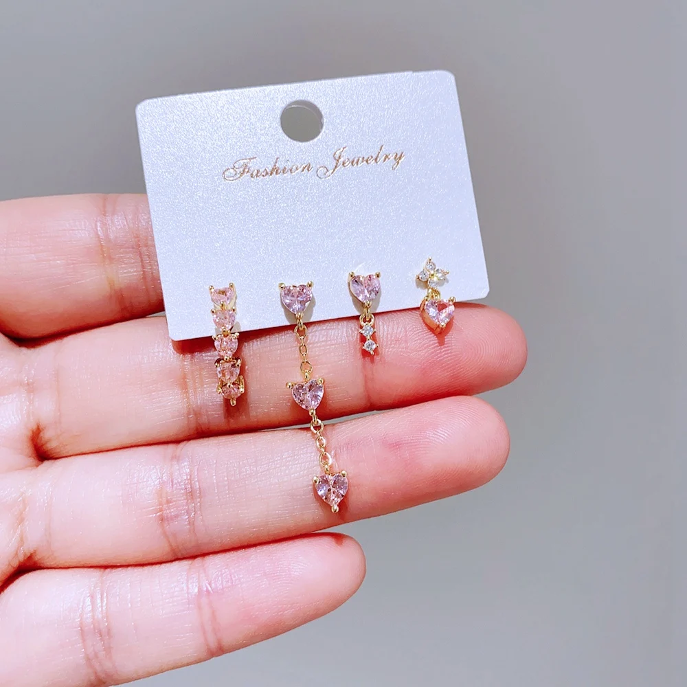 New In 4pcs/set Mix and Match Heart Stud Earrings for Women Girls Gold Color Pink Cubic Zircon Jewelry