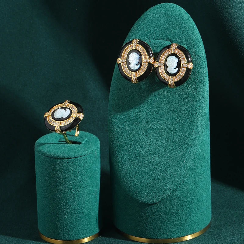 

Vintage Cameo Black Natural Stone Jewelry Sets Antique Gold Plated Human Avatar Rhinestone Ring Earrings 2026 Trend For Women