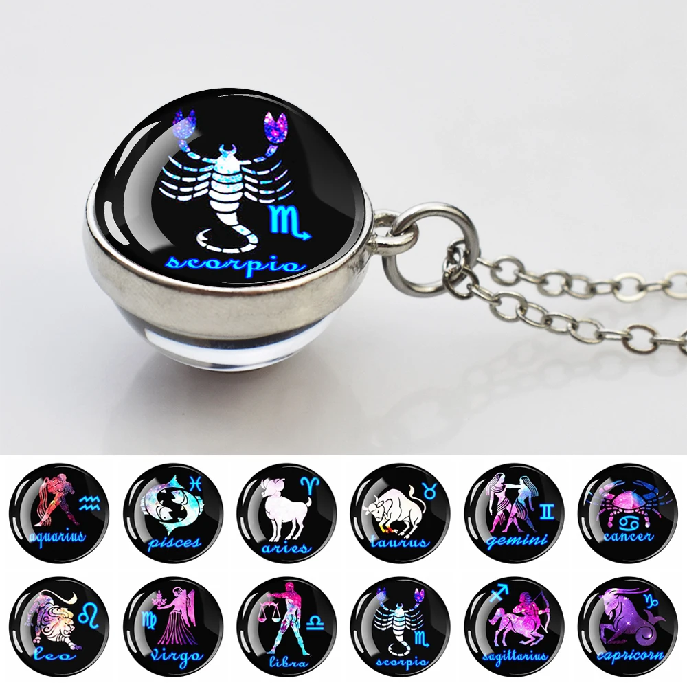 12 Constellation Zodiac Signs Necklaces Two-Sided Glass Ball Pendant Chains Necklace Women Men Astrology Jewelry Birthday Gift