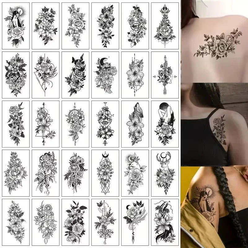 30 teile/los Einweg-Tattoos Kleber Aufkleber für Damen schwarze Blume mit dunklen Mädchen Succubus Transfer Tattoos Hals Unterarm