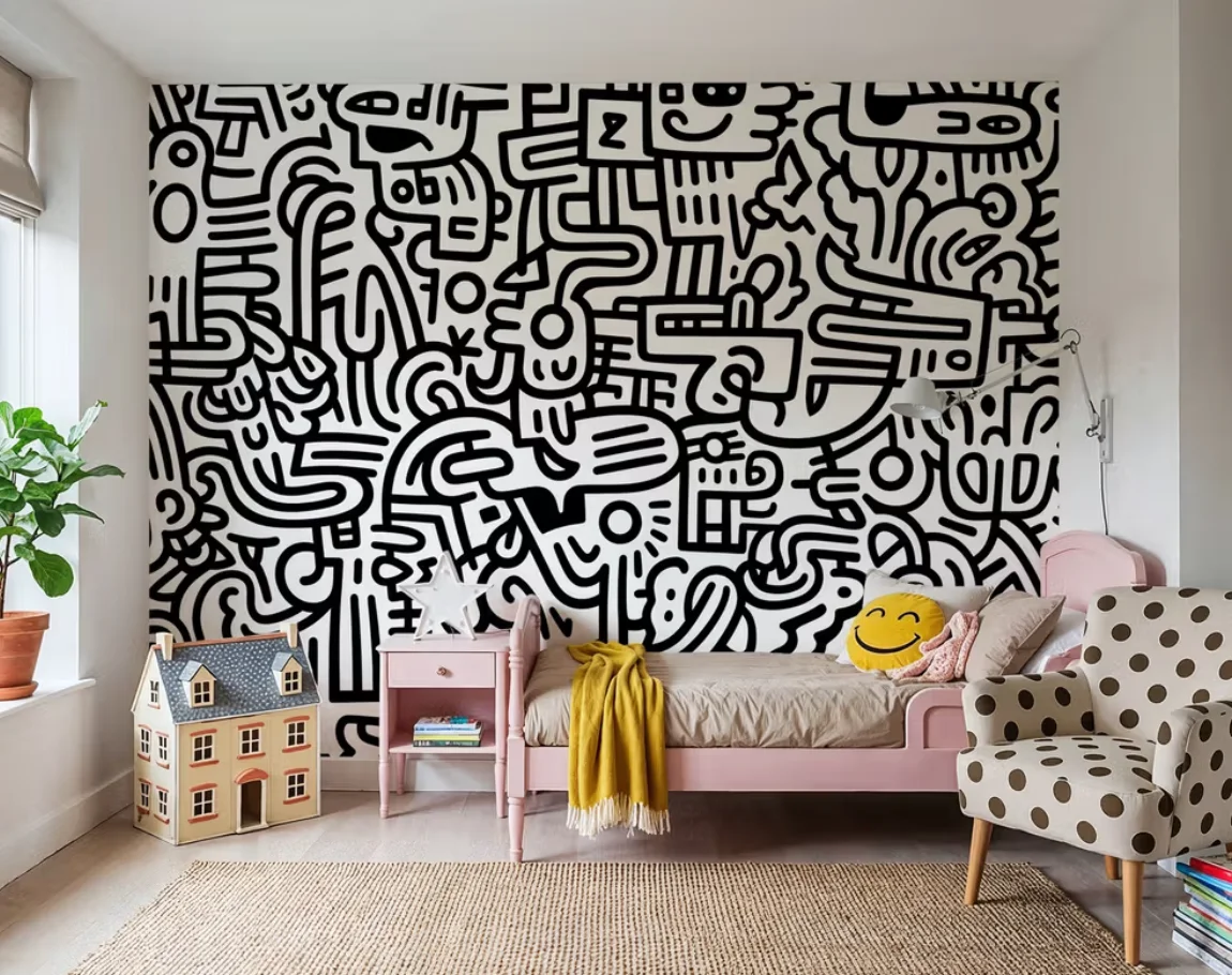

Customized size mural, children's graffiti, line decoration, cartoon, children's car track, line decoration, wall cloth 3d mural