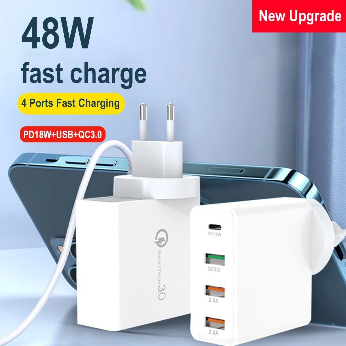 

48W USB Phone Charger 4 Ports USB Charger Quick Charge 3.0 For iPhone 14 13 Samsung Oneplus Xiaomi EU/USMulti Plug Wall Charger