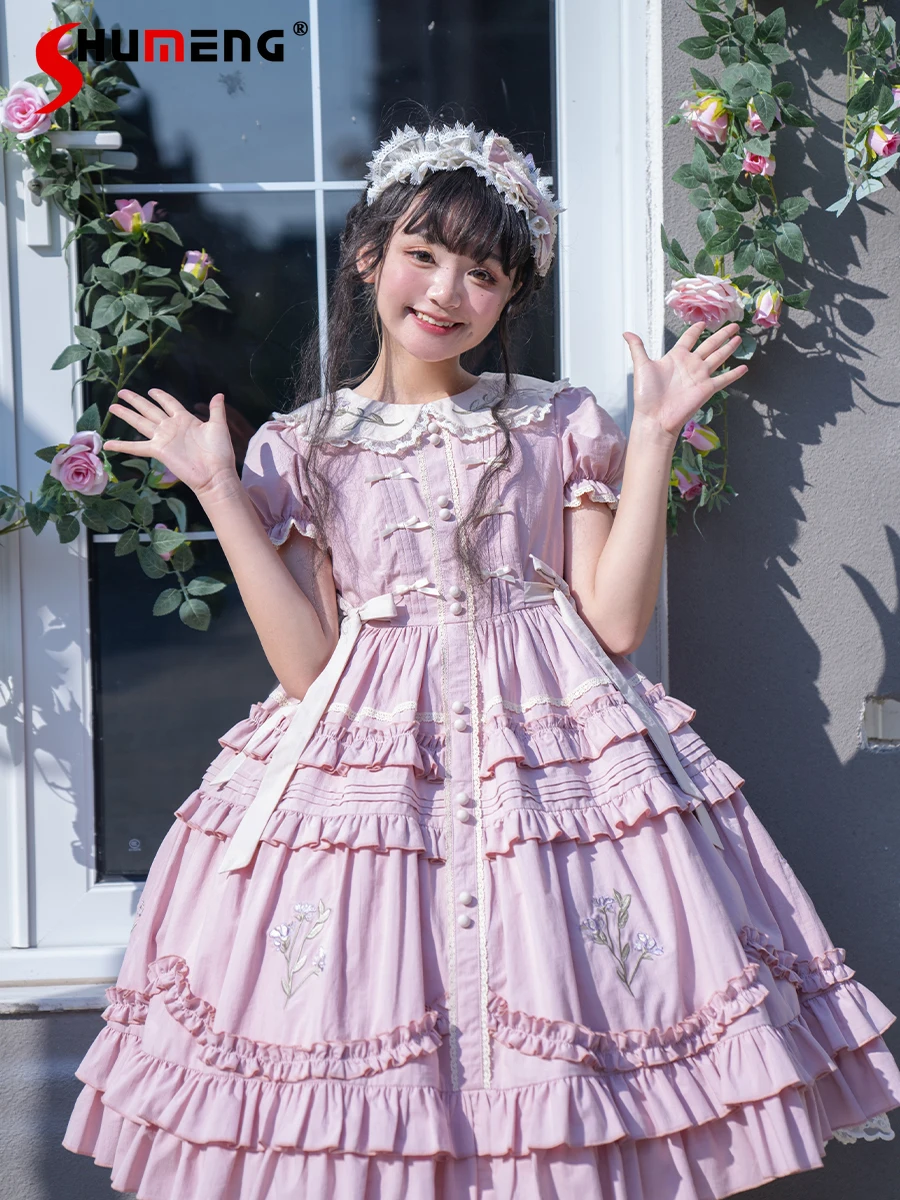 

Japanese Pastoral Style Lolita Op Dress Embroidered Doll Collar Flared Short Sleeve Ruffled Bow A-Line Sweet Long Dress Women