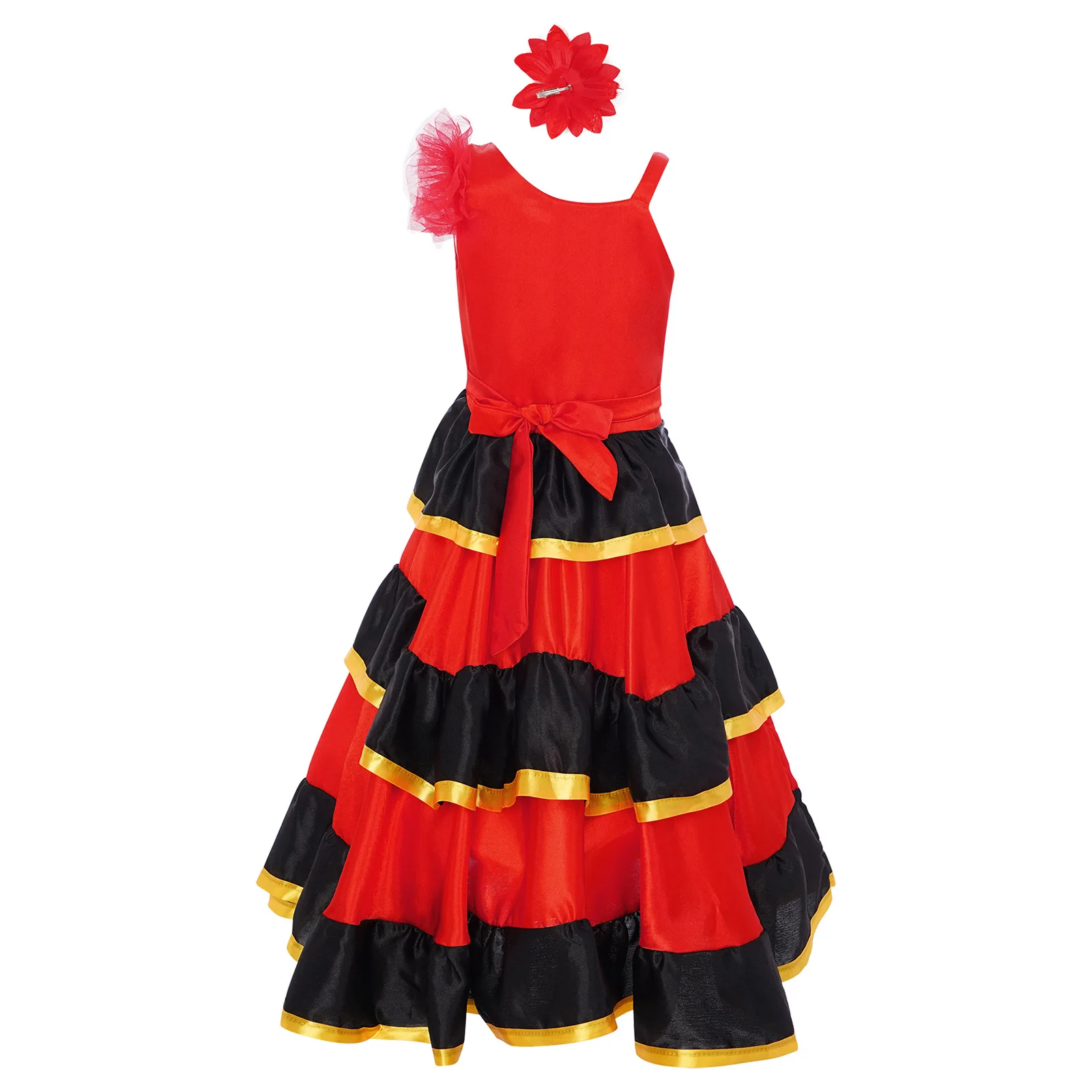 Kids Girls Flamenco Costume Tiered Ruffles Wide Hem Spanish Dance Dress with Headwear for Halloween Theme Party Performance