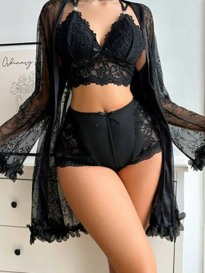 2025 New Sexy Home Three-Piece Set Lace Bra Shorts Sheer Lace Jacket Lace Solid Color Transparent Shorts Sets Pure Desire C9GJ