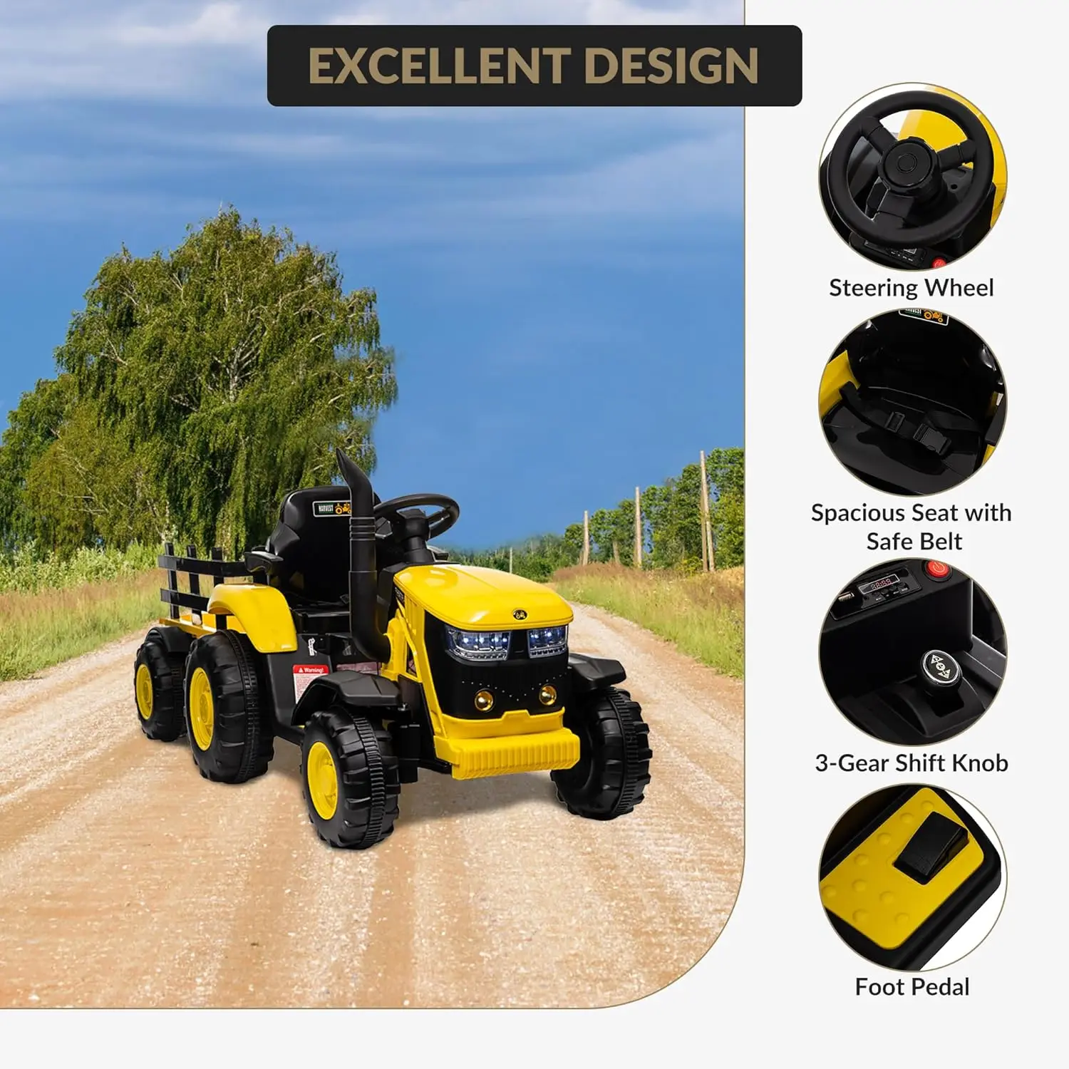 Tracteur électrique pour enfants 12V, voiture jouet avec télécommande, lumières LED, musique, corne, véhicules électriques pour tout-petits de 3 à 8 ans