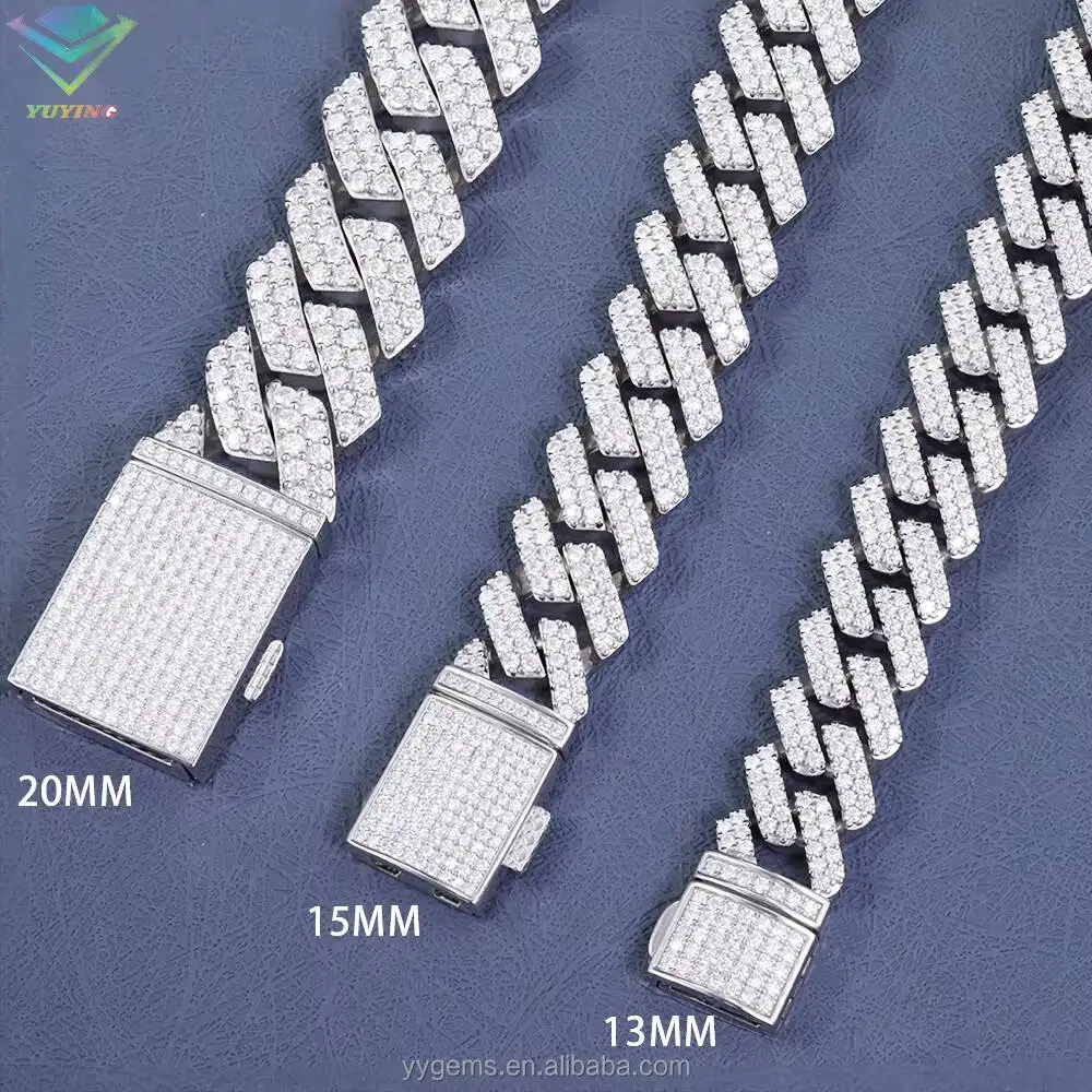 Luxury 8mm 10mm 12mm 15mm Hiphop Jewelry 2rows Cuban Chain 100% Pass Diamond test S925 Silver with Vvs Moissanite Mens Cuban Lin
