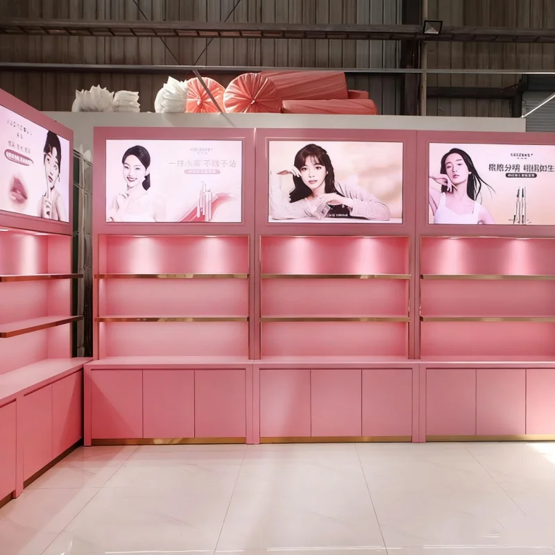 custom.High-end Beauty Salon pink Display Cabinet Multi-layer LED Cosmetic Shelves Salon Cabinet Cosmetic Display Cabinet with