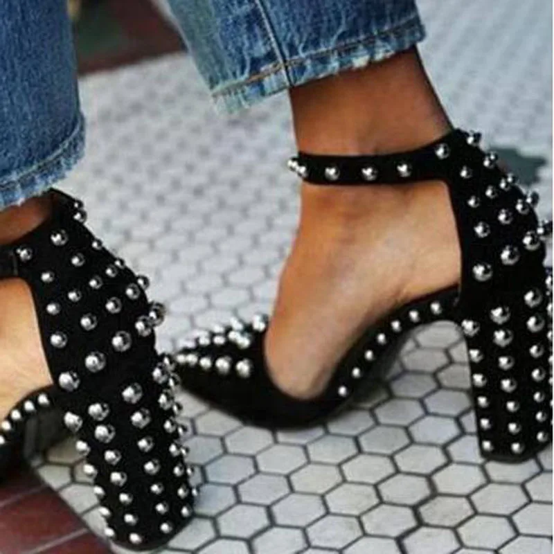 Punk Ladies Black Suede Full Sliver Rivet Studded Square Heels Pointed Toe Ankle Buckle Strap Hollow Pumps Rock Women Shoes