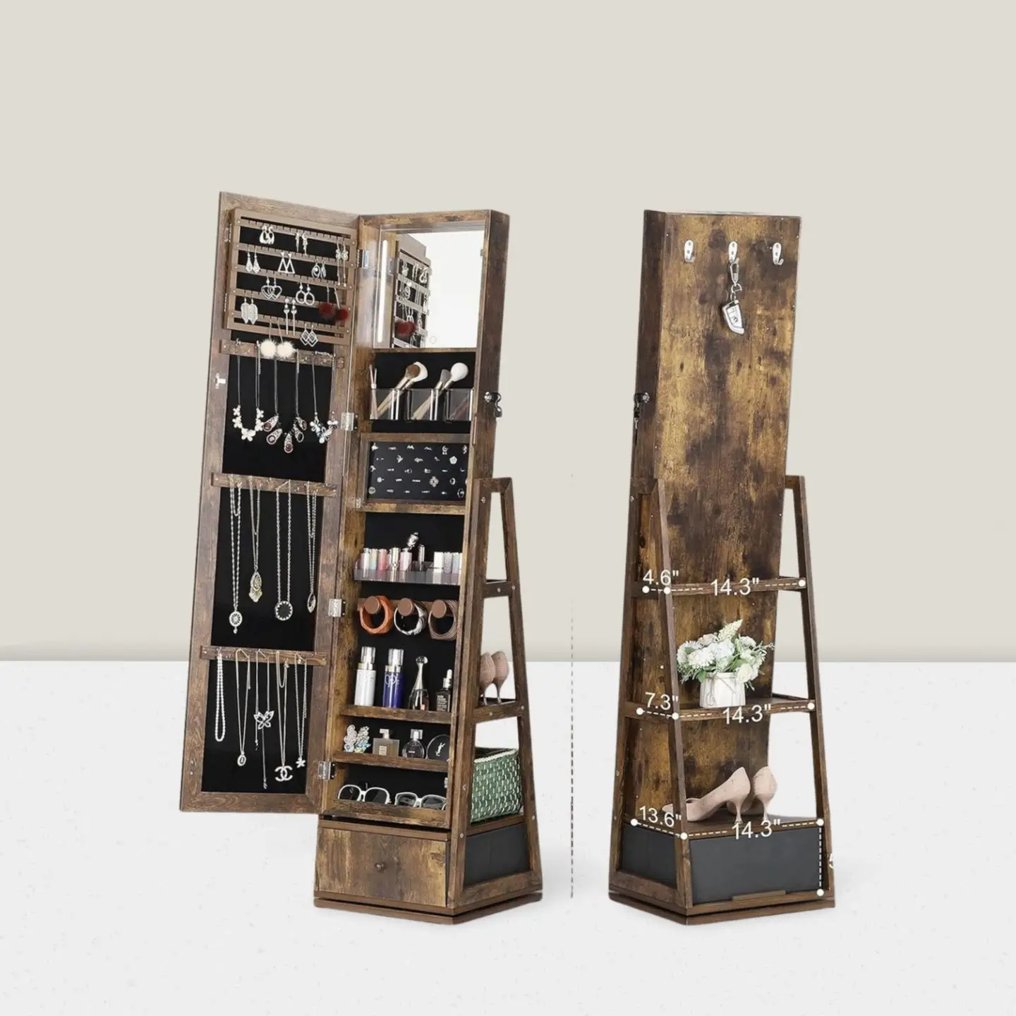 Floor-to-ceiling dressing, makeup mirror, jewelry, necklace, storage locker, wooden fitting mirror.