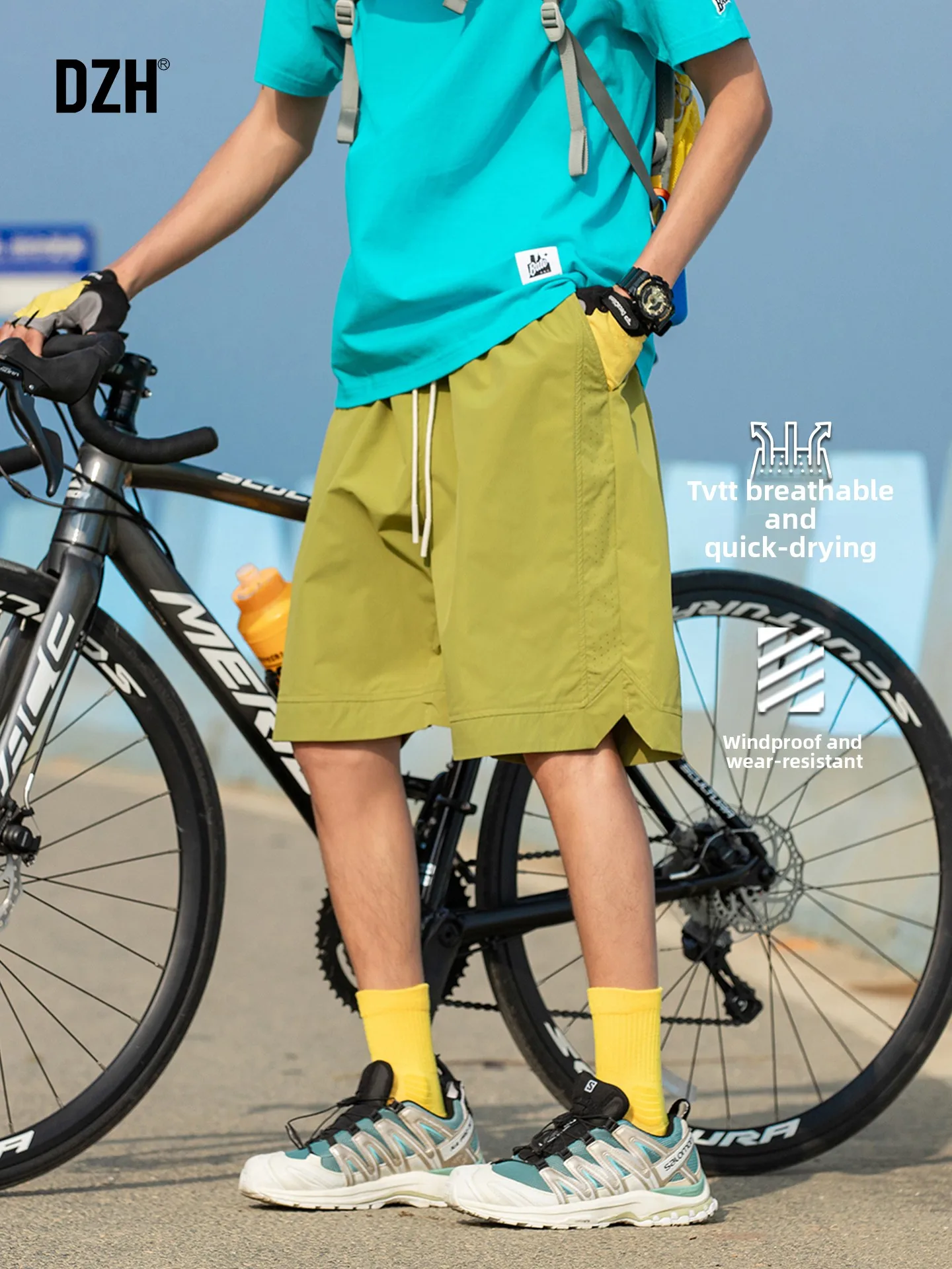 

Мужские спортивные брюки Qui Dry, летние уличные тонкие свободные повседневные пляжные брюки с пятью четвертью, прямые брюки из полиэстера с эластичной резинкой на талии...