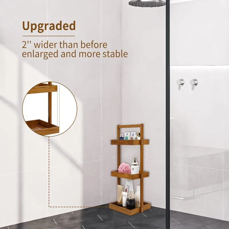 Teak Shower Caddy Shelf, Standing Organizer for Bathroom Corner, Wooden Freestanding Racks Storage Inside Shower, Bath, Office,