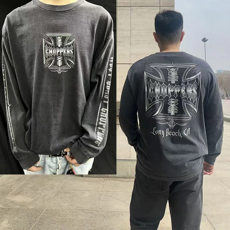 

Винтажная потертая черная футболка большого размера с поврежденными отверстиями, классическая футболка с крестообразным логотипом West Coast Choppers, футболка с длинными рукавами, футболки
