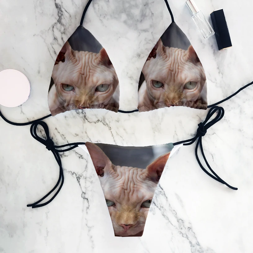 Sexy Cartoon Cat Bikini 2023 Women Swimsuit Female Swimwear Thong Bikinis Set Brazilian Halter Beach Wear Up Bathing Suit