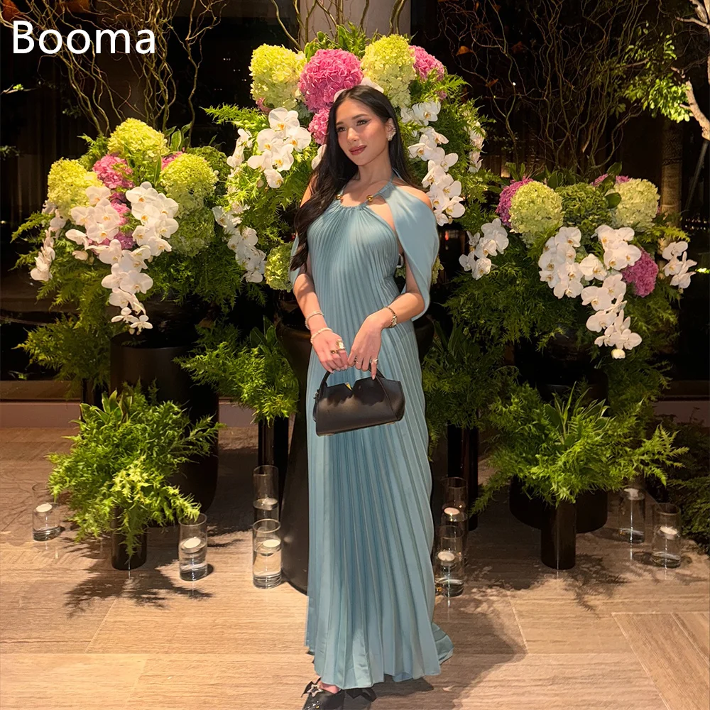 Booma فساتين أنيقة على شكل حرف A مكشوفة الكتف بدون أكمام باللون الأزرق فساتين حفلات رسمية للنساء مطوي فستان حفلات بسيط حسب الطلب