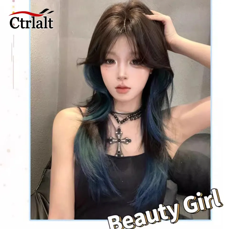 Perruque synthétique bleue pour femme, cheveux longs et lisses, à reflets, tête de mulet de méduse, perruque de Cosplay