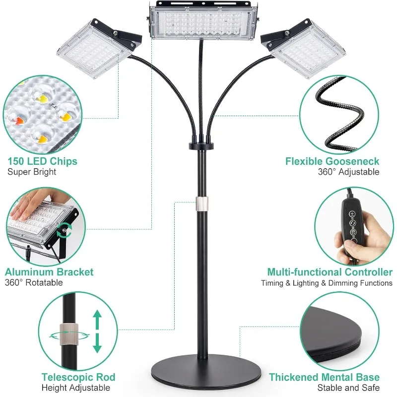 ضوء نمو النبات، ضوء نباتي ثلاثي الرؤوس كامل الطيف للنباتات الداخلية، مصباح نمو مع مؤقت 3H/6H/12H