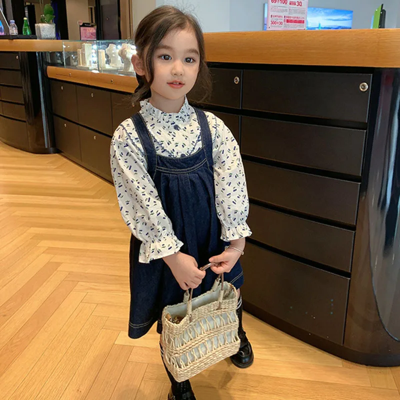 2022 Autumn New Girls' Clothing Sets  Casual Skirt Suit Floral Long-Sleeved Shirt + Denim Suspender Skirt Fashion Kids Outfit