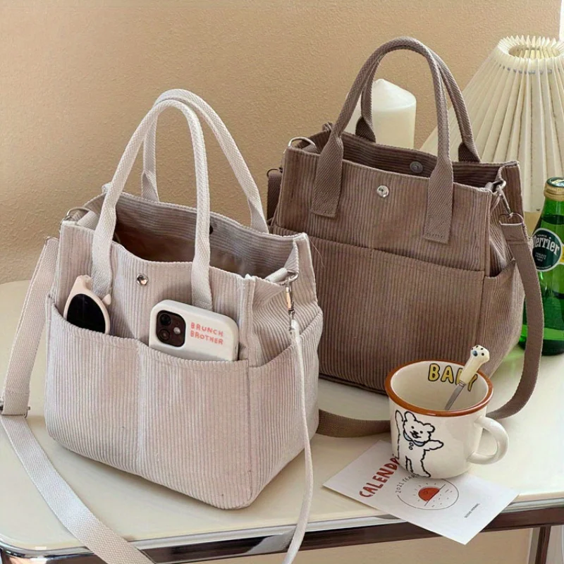 New Casual Corduroy Women Tote Bag, Large Capacity Shoulder Crossbody Purse, Lightweight Top Handle Bags for Commute Daily Use