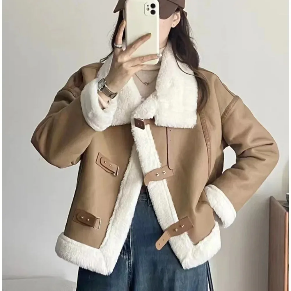 

Black Big Size Thick Warm PU Leather Jacket New Lapel Long Sleeve Women Eco-friendly Coat Fashion Tide Spring Autumn 2024