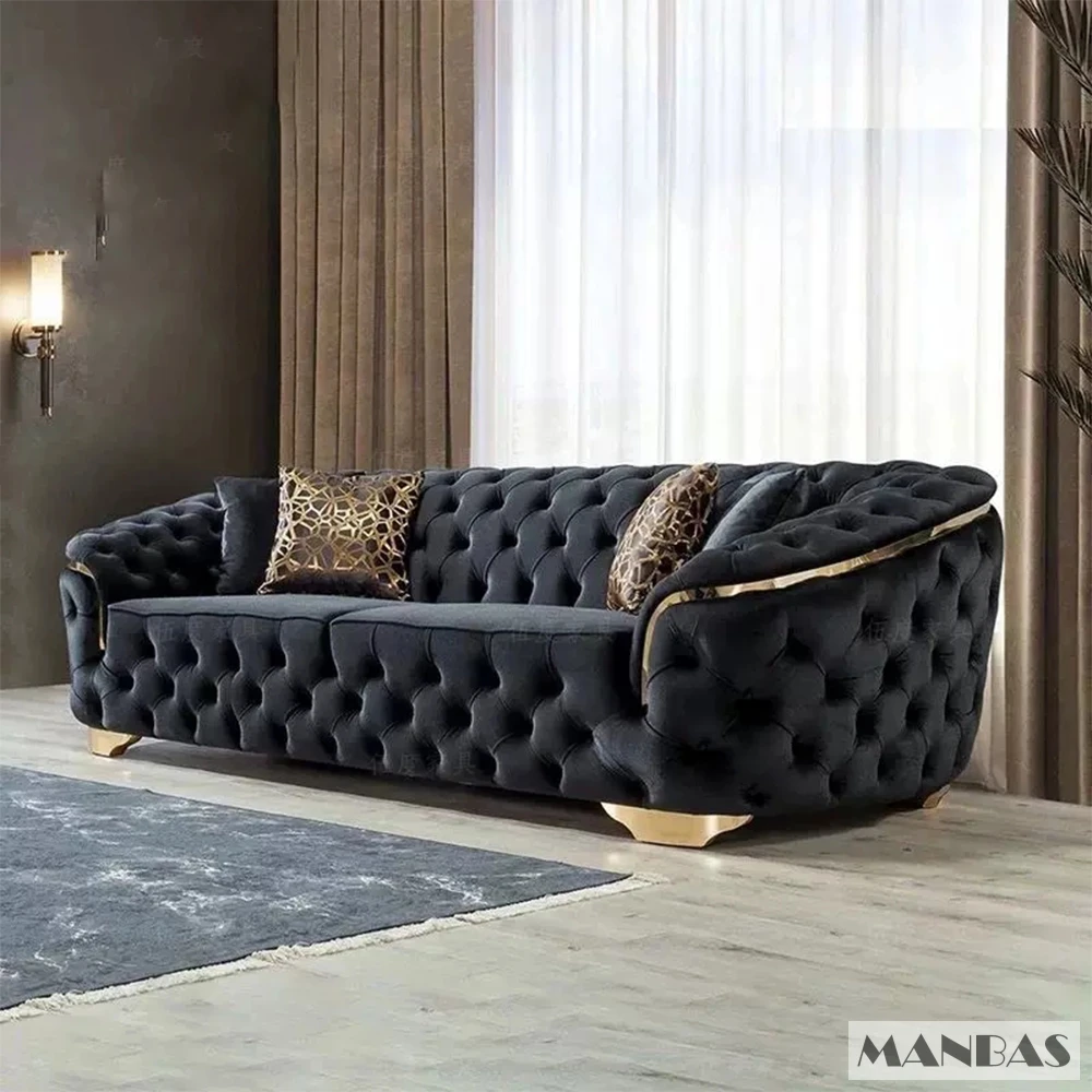 MANBAS Klasyczna sofa segmentowa Chesterfield z przyciskami materiałowymi i modułową kanapą z tkaniny do siedzenia w salonie Meble domowe