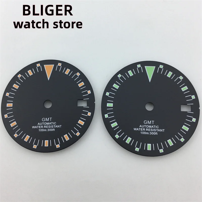 

BLIGER new 29mm black watch dial with glow-in-the-dark NH34 GMT movement with 3 o 'clock crown 3