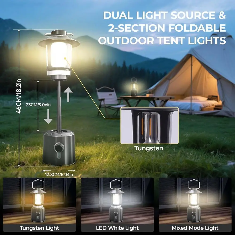 โคมไฟตั้งแคมป์แบบชาร์จไฟได้, พาวเวอร์แบงค์ 8000mAh, ปรับหมุนได้ 360 องศา °   ไฟ LED, แหล่งกำเนิดแสงคู่, 3 โหมด (2000K-6500K) สำหรับใช้งานกลางแจ้งและ