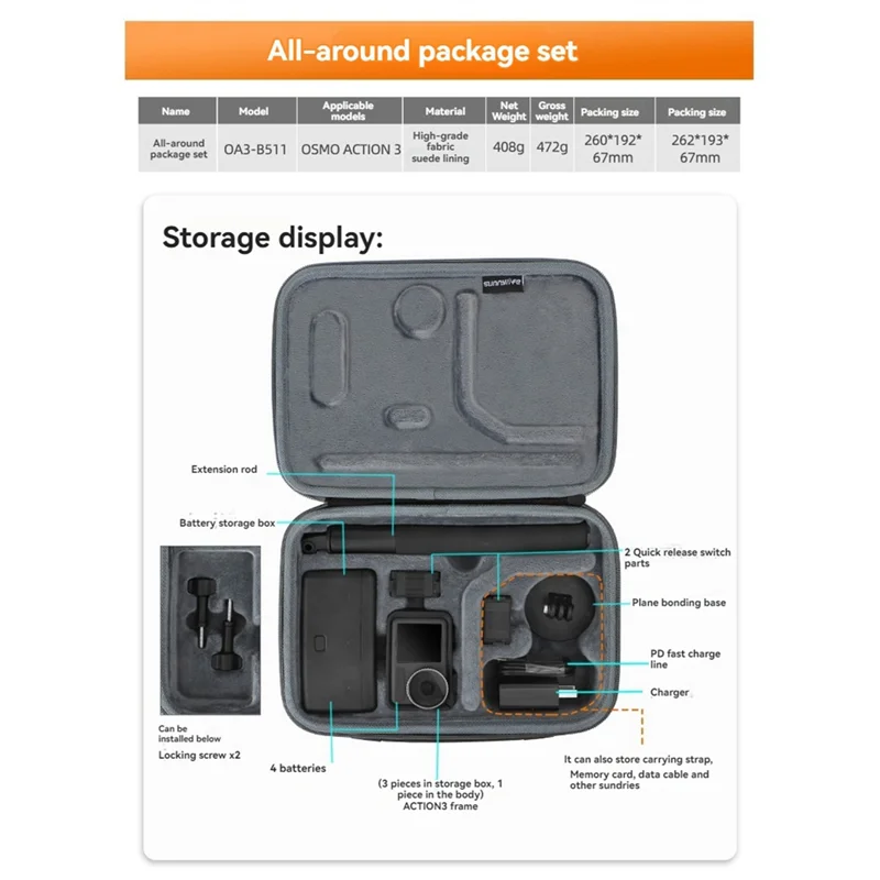 ABDE-Sunnylife กระเป๋าสําหรับ DJI OSMO ACTION 5/4/3 กระเป๋าถือแบบพกพามัลติฟังก์ชั่นกระเป๋าถือสําหรับ DJI OSMO ACTION 5 กล้อง