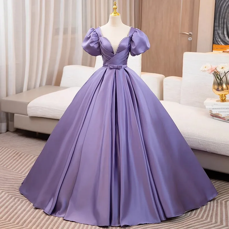 Student Vocal Art Exam Purple Wedding Dress Solo Performance Dress Noble Host Show Thin Conductor Dress Banquet Puffy Skirt