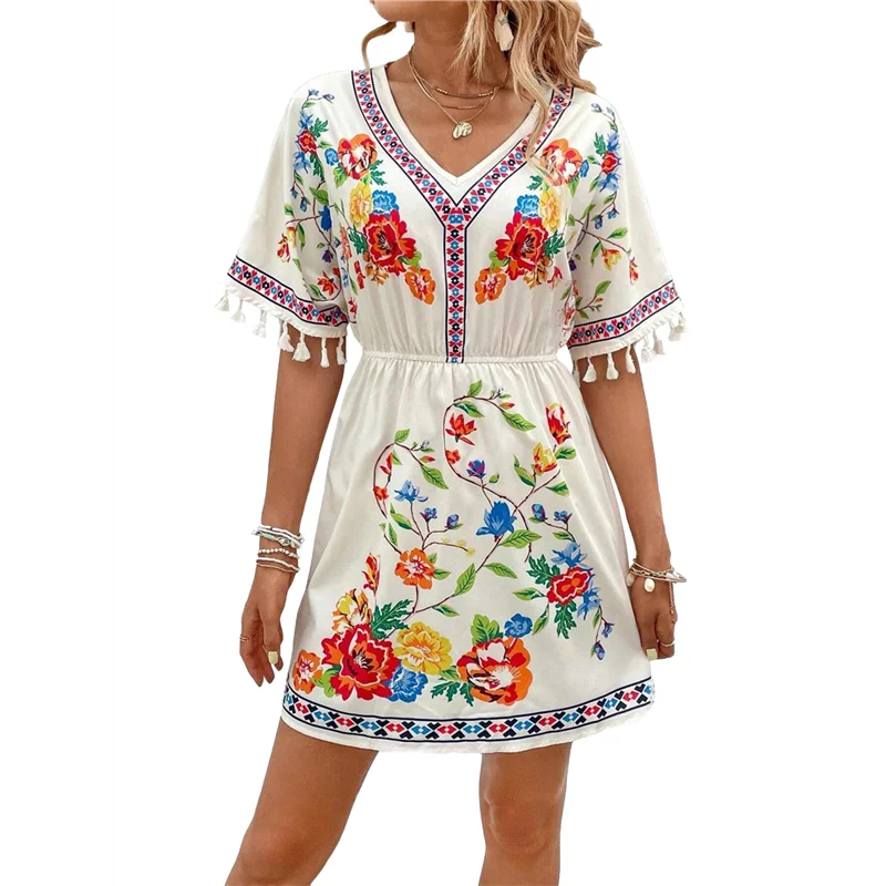 【SEE】Abito messicano ricamato da festa per donna Abiti boho estivi a maniche corte taglie forti con tasca