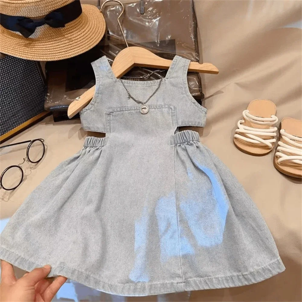 2-7 Years Old Blue Hollowed Out Denim Square Neck Camisole Dress Solid Color Korean Kids Clothes Summer New Girls Casual Dresses