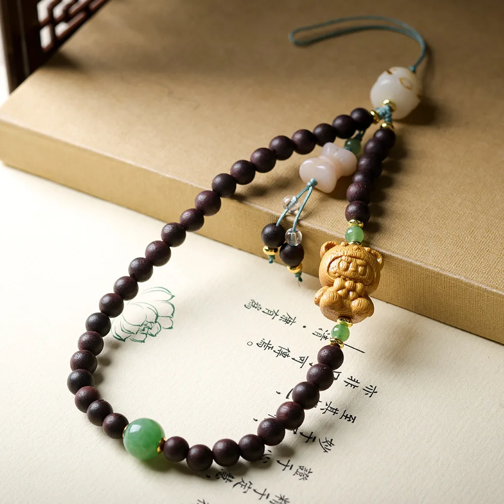 

Original Design Agarwood Phone Chain Sandalwood Pull Cord Bodhi Root Lucky Cat Bow Knot Pendant