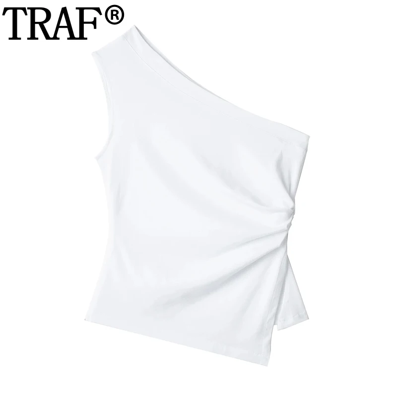 TRAF Off spalla Top bianco donna asimmetrico increspato Crop Top donna senza maniche camicette estive Streetwear corsetto canotta donna