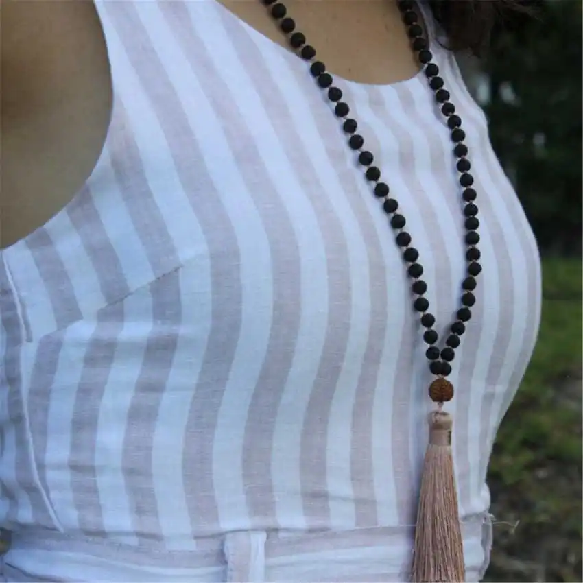 Natural Lava Rock 108 Beads Mala Necklace with Rudraksha Accent & Beige Tassel Spiritual Aromatherapy Jewelry view 6