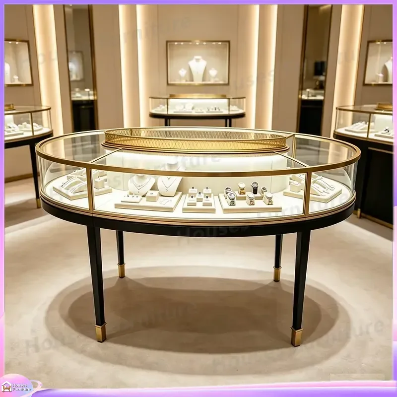 Luxury Oval Glass Jewelry Display Cabinet Stainless Steel Lighted Showcase Gold Black Island Style Storage Organizer Custom