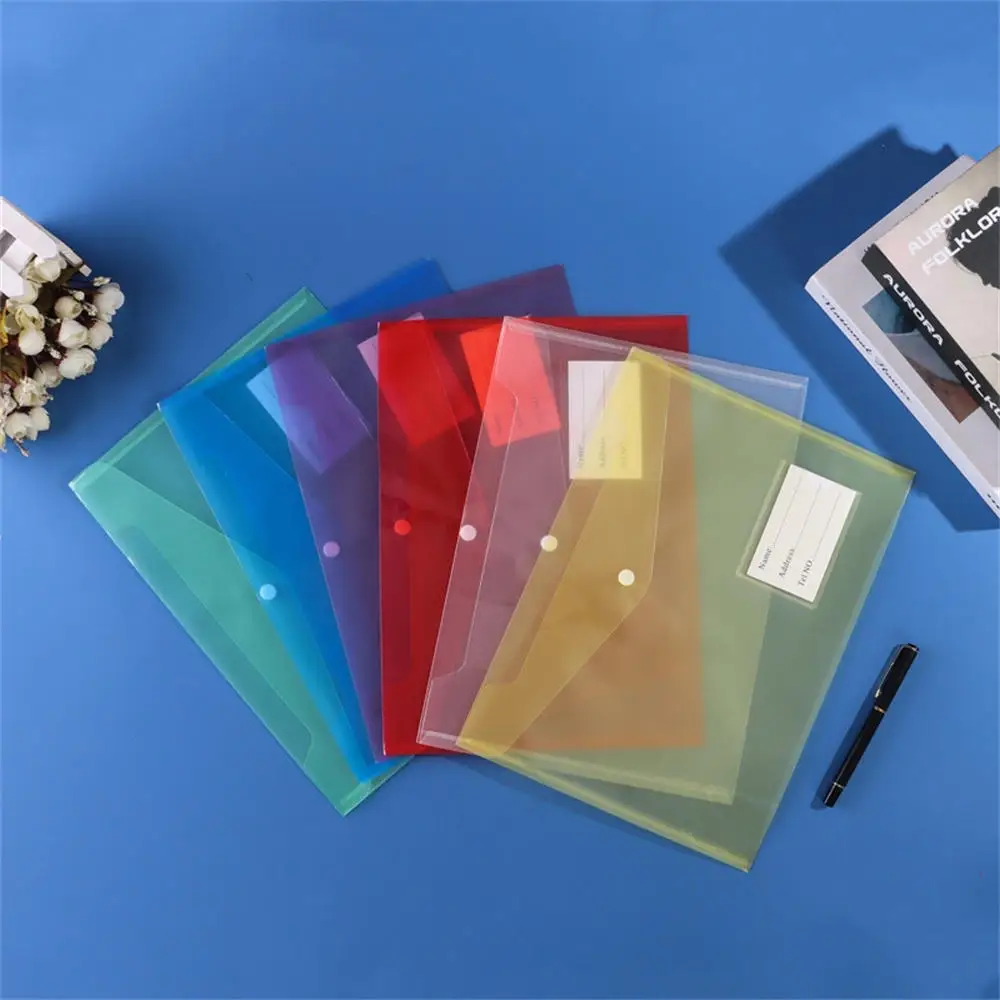 Bolsa de bolsillo para archivos A4 de PVC, sobres transparentes, carpeta de archivos con botón, estuche organizador de documentos de oficina escolar