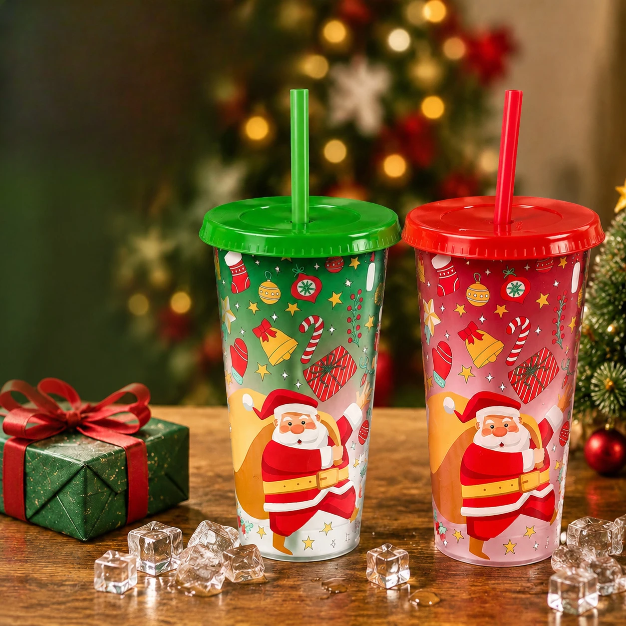 Christmas Color Changing Tumbler Cup Large Capacity Cold‑Sensitive Magic Drinking Cup with Straw Lid Santa Pattern Xmas Gift