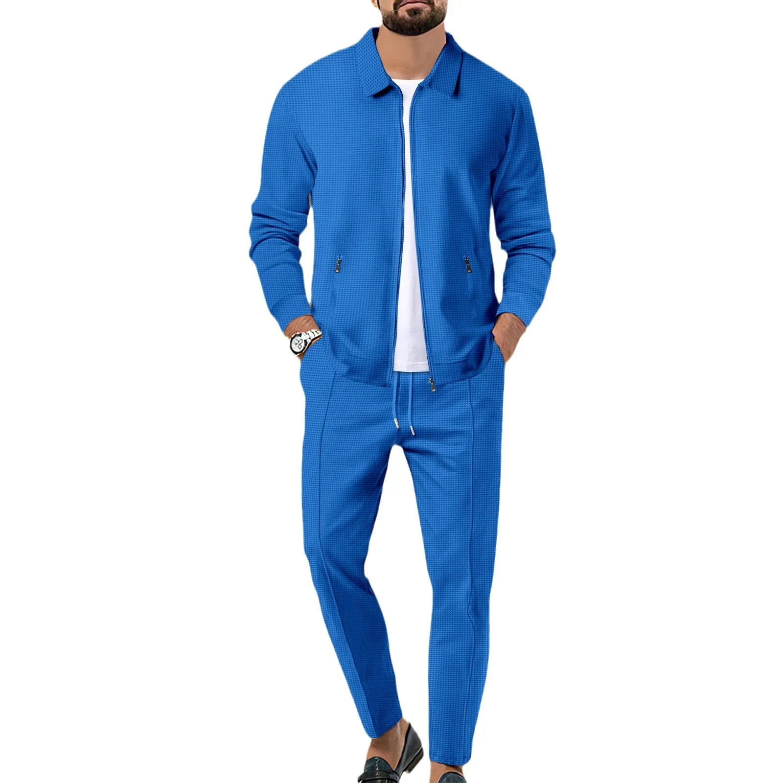 Men's autumn jacket set for young people, waffle zipper pockets, collared slim cardigan, men's jacket set view 5