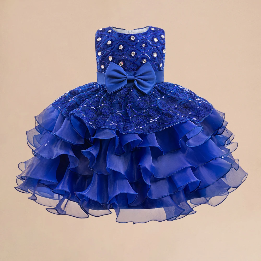 Girls Blue Beading Party Dress Girl Pleated Dresses Kids Formal Evening Tulle Clothes Bow Sleeveless Costumes Children Tutu Wear